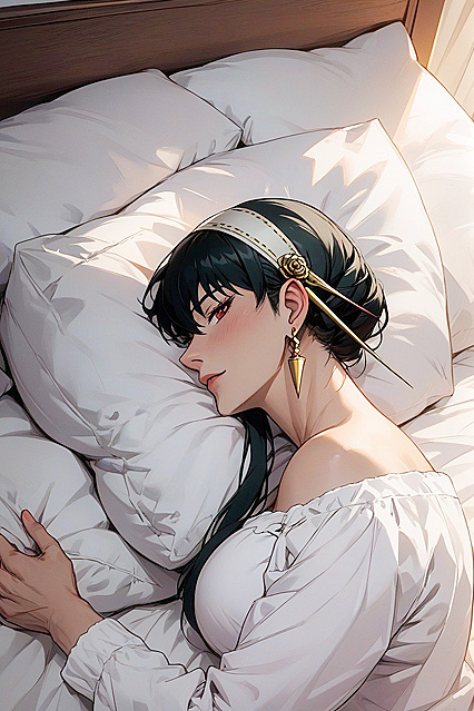 Lying in Bed Sideways in White Pajamas for Seductive Hentai Pleasure