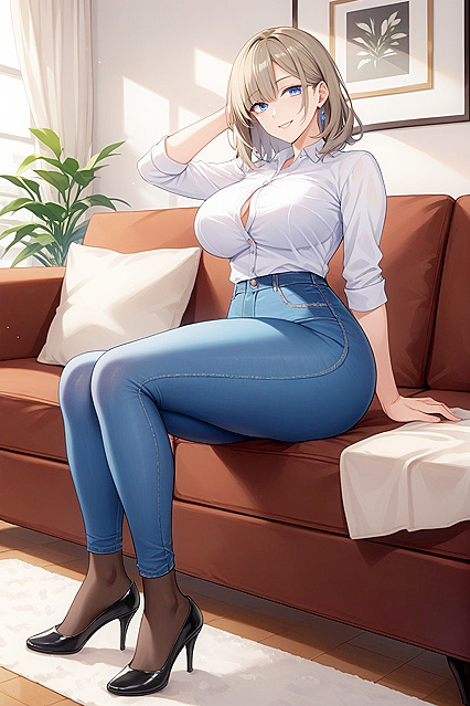Full Body Hentai Picture with Opaque Pale Brown Pantyhose on the Couch