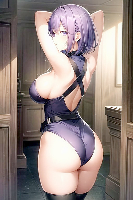 Purple-Haired Beauty Shows Off Natural Breasts with Arms Raised in hentai Bliss