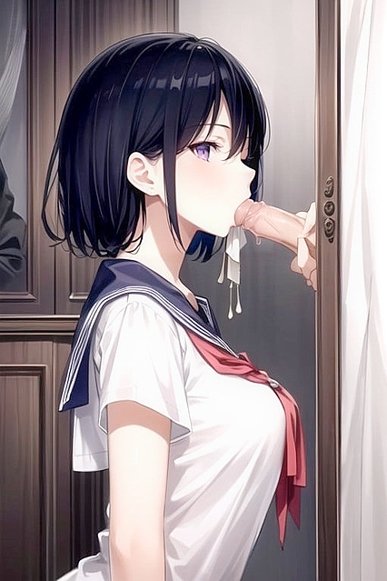 SailorUniform Teen 18+ with Purple Eyes Gives a Mouth-Watering Blowjob
