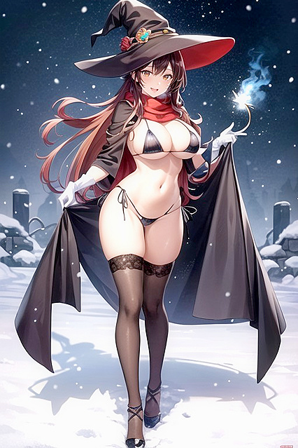 Red-Haired Beauty in Nylon Gloves Enjoying Snowy Hentai Pleasure