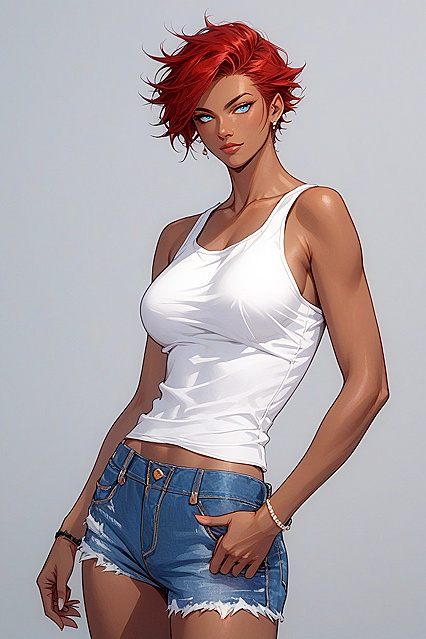 Red-Haired Model with Very Short Hair in Seductive Hentai Images