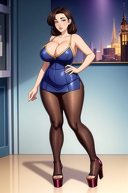 Thick Chunky Legs and Plump Tits Nearly Bursting From Top in Horny Hentai Image