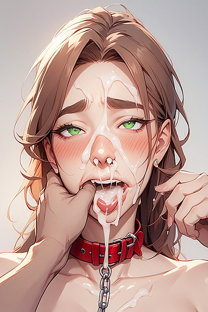 Finger Licking, Cum Dripping From Nose and Mouth Wide Open Hentai Image