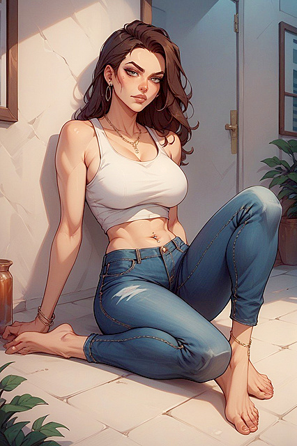 Fit Brunette with Round Boobs and Belly Piercing in Puma Tank Top