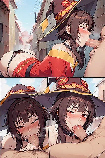 Megumin from Konosuba Gives a Sweat-Drenched Blowjob to African Man in Alley, Dress Pulled Up