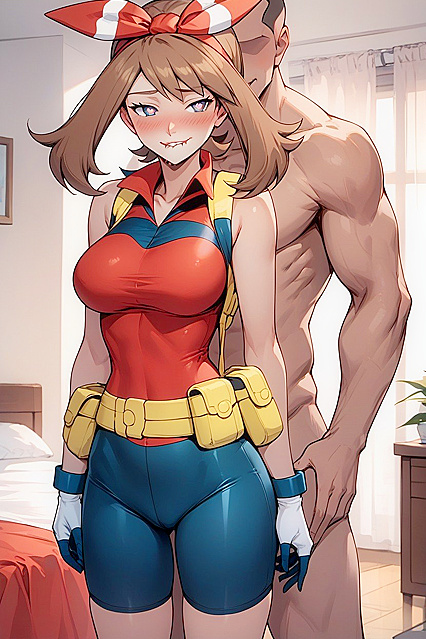 Fully Clothed Brown-Haired Beauty in Dark Blue Shorts for Steamy Hentai Picture