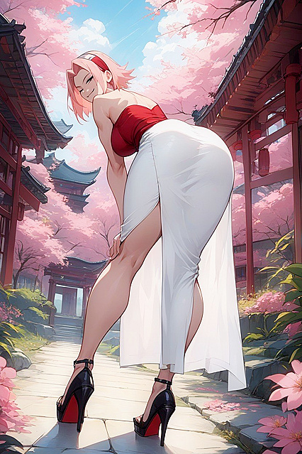 Sakura Haruno Bent Over in a Tight White Dress for Steamy Hentai Picture