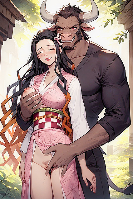 Nezuko Kamado from Demon Slayer Fingers ly Near Minotaur in Hentai AI Picture