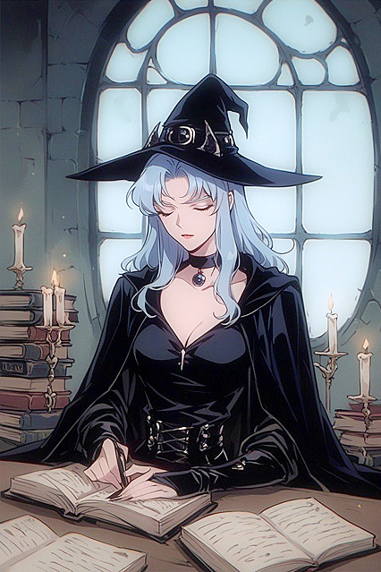 Studying Late at Night with Long Sky Blue Hair in Candlelit Hentai Bliss