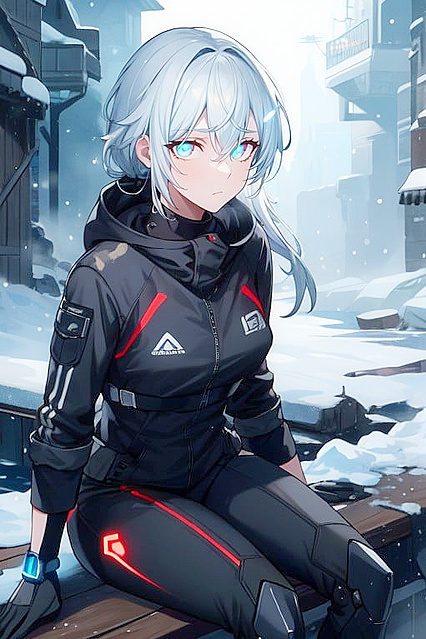 Futuristic Combat Android With Carbon Fiber Plating Takes a Seat by Frozen River