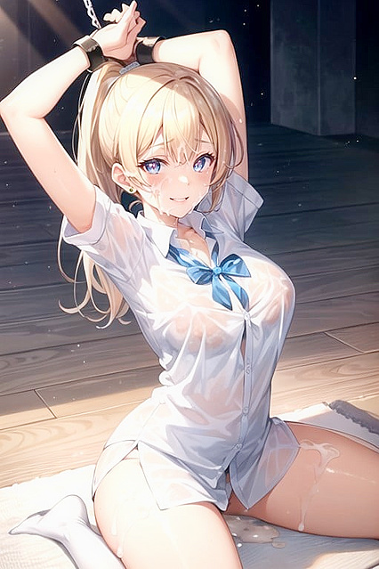 Handcuffed Blond Smiles Through Pleasure in Seductive Hentai Picture