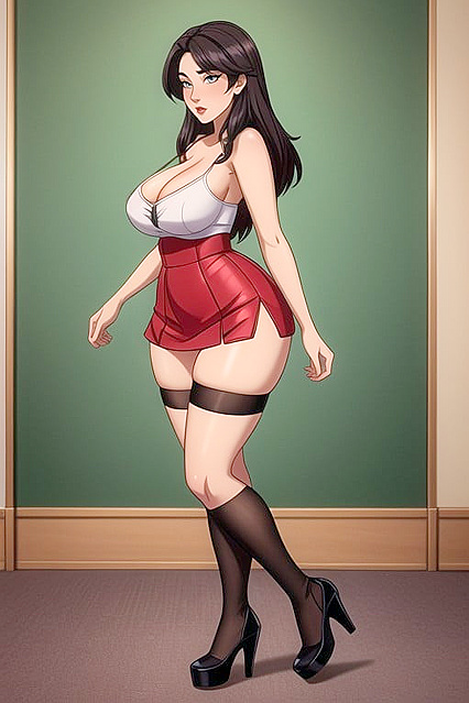 MILF With Boobs Nearly Bursting From Her Top in Tight Microskirt Hentai Picture