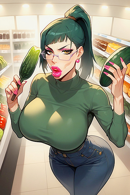 Busty Bimbo Seduces Clerk in Grocery Store Pullover Hentai Image