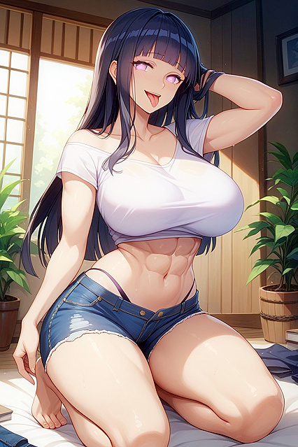 Hyuuga Kneels with Navel Exposed for  Hentai Pleasure