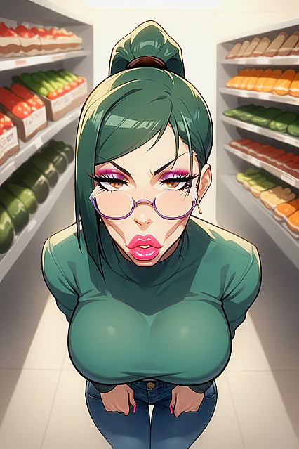 Huge-Assed Babe with Round Boobs and Dark Green Hair in Seductive Hentai Picture