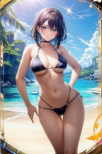 Busty Beach Babe Poses with Hands on Hips in Seductive Hentai Picture
