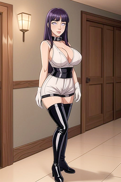 Hinata Hyuuga's Large Breasts in Seductive Black Leather Thigh-High Boots Hentai Image