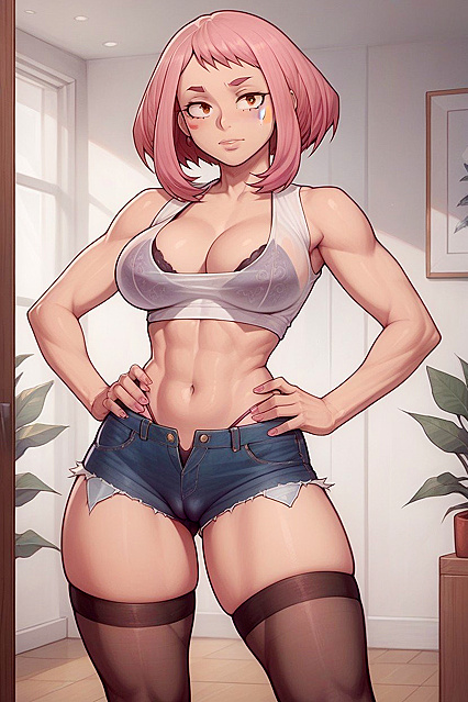 Sexy Bra and Stockings Tease in Unbuttoned Shorts Hentai Picture