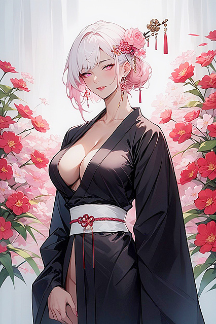 Woman in Black Kimono With Red Flowers and Pink Eyes Seduces in Hentai AI Porn