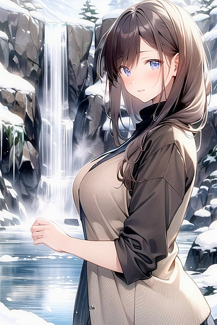 Squeezing Breasts by the Waterfall in a Snowy Hentai Fantasy