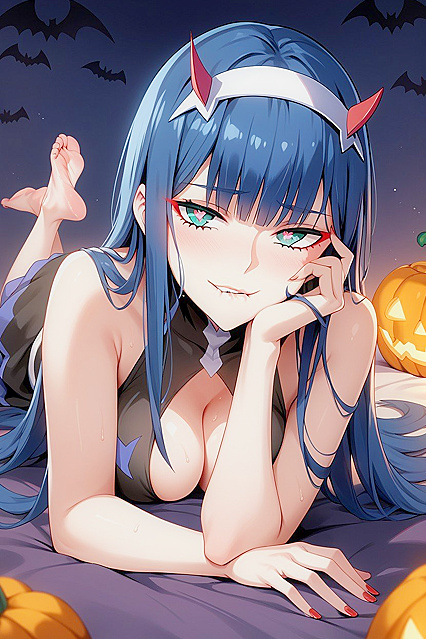 Horny Girl 18+ Lays on Stomach in Sexy Halloween Dress for Naughty Hentai Fun