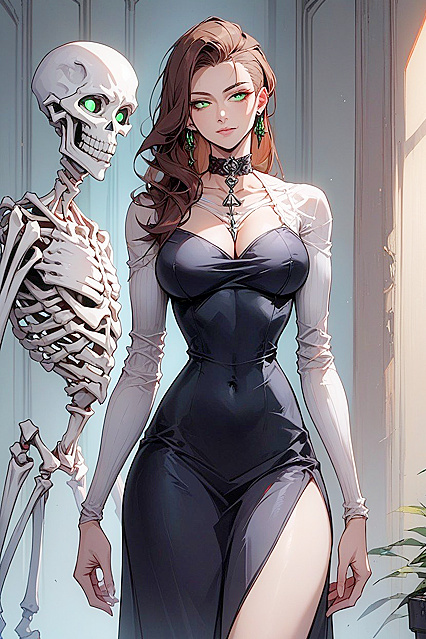 Skeleton Woman with Long Brown Hair and Green Eyes Teased in hentai AI Picture