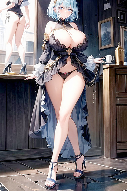 Light Blue-Haired Babe with Fake Boobs in Seductive Hentai Picture
