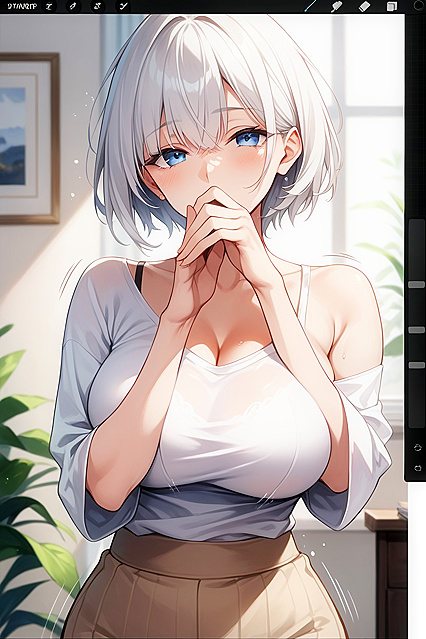 Hand Over Mouth, Waist-Up Shots with Ultra Short Hair in Hentai Picture