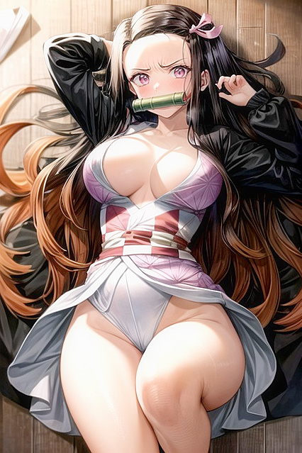 Nezuko from Demon Slayer with Arms Raised in Seductive Hentai Images