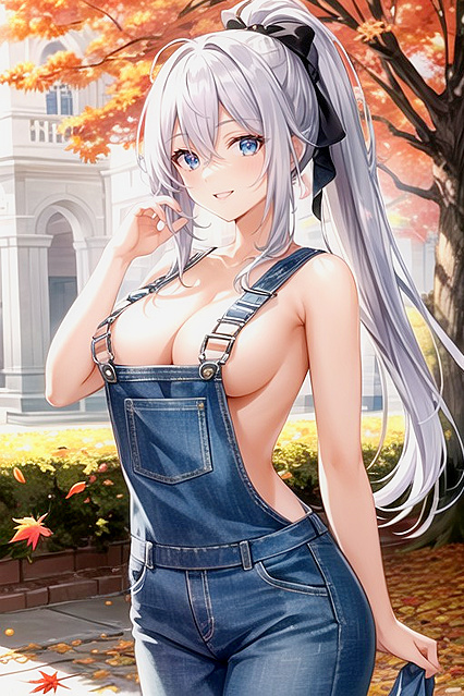 Silver-Haired Beauty with a Ponytail Enjoys Fall-themed Hentai Pleasure