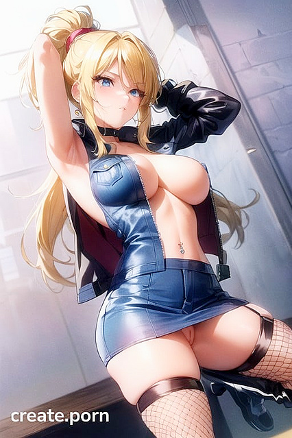 Busty Babe in No Bra, Leather Jacket, and Miniskirt –Hentai AI Picture