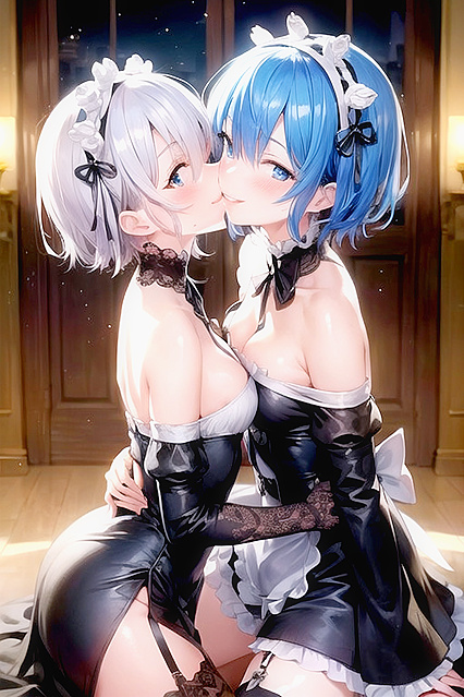 Blushing Girl 18+s Kiss Passionately While Smiling and Gazing at You in Hentai Bliss