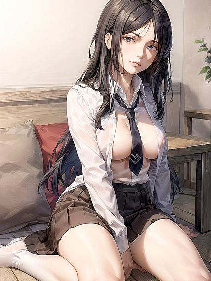 in Uniform and Stockings Stares ly at You in Steamy Hentai Image