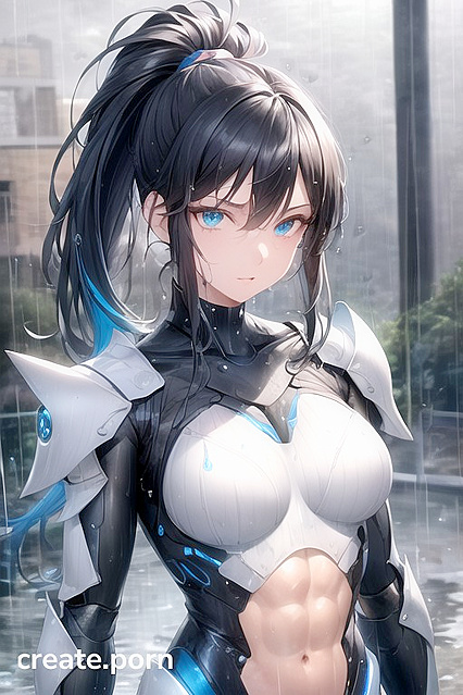 Ponytailed Beauty in Robot Armor Gets Soaked in Rainy Hentai Picture