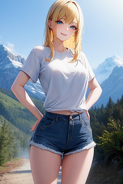 Blonde American Beauty in White Tee and Jeans Nails Hentai Bangs Picture
