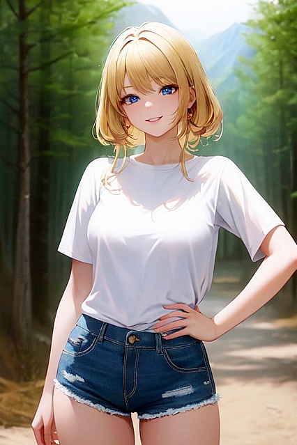 Bangs Hairstyle Waif in Stunning Forest and Mountain hentai Picture