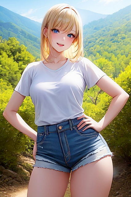 Blonde American Beauty with Blue Eyes Nails Waist-Shot Hentai Picture