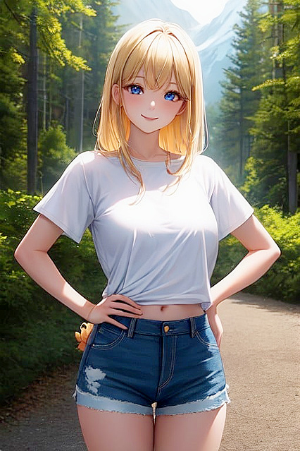 Blonde Beauty in White Tee and Jeans Exploring Nature's Majesty in Hentai AI Porn
