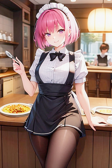 French Maid with Pink Bob Cut Enjoying  Hentai Pleasure