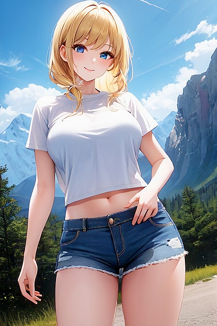 Blonde American Beauty with Blue Eyes Teased in Waisted Shot Hentai Image