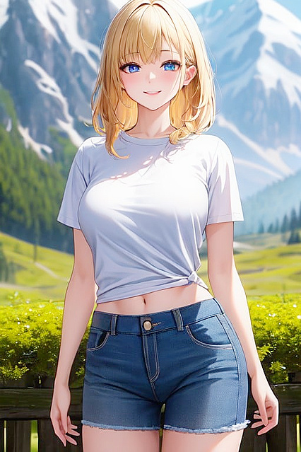 Waist-Shot hentai in a forest with mountains, Girl 18+ in white t-shirt and jean shorts