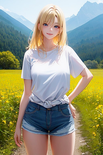 Blonde Beauty Enjoys Nature in a erotically Charged Hentai Image by the Mountains