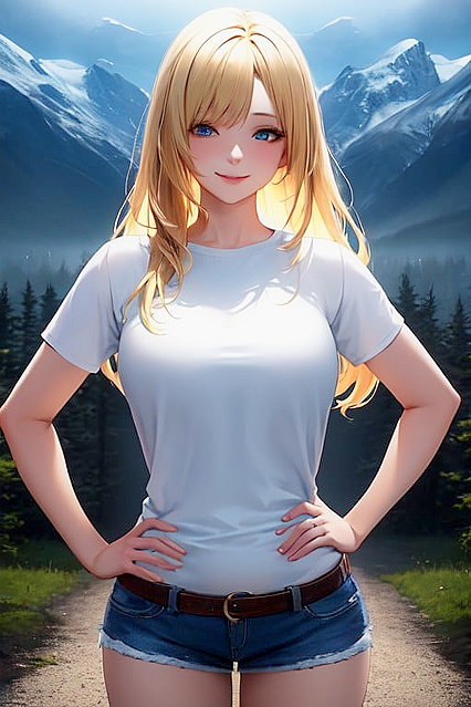 Blonde Beauty Poses by Majestic Mountains and Lush Forest in hentai AI Picture