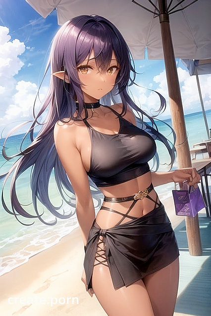 Large-Brested Beauty with Gold Eyes Enjoys Steamy Beach hentai Picture
