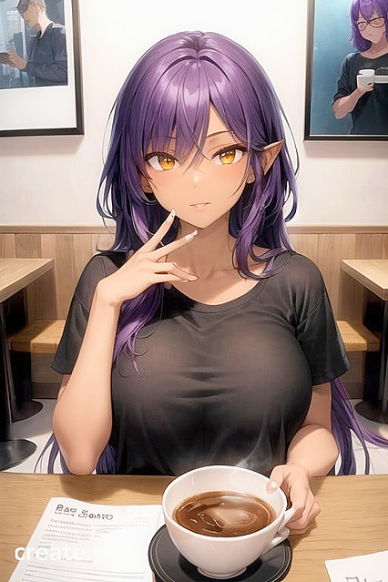 Purple-Haired Beauty with Large Breasts Serves Up Steamy Café hentai Picture