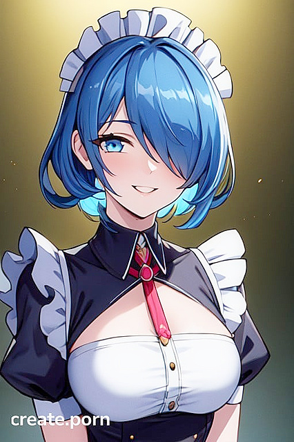 Light Blue-Haired Babe with Huge Tits in Thick-Line Hentai Picture