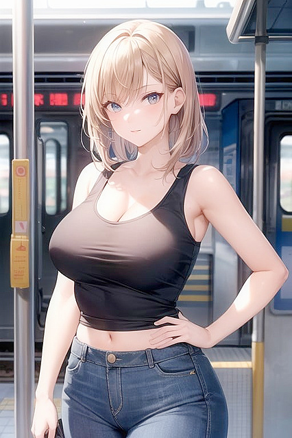 Huge-Assed Babe in Sleeveless T-Shirt Takes On One-Man Hentai Picture
