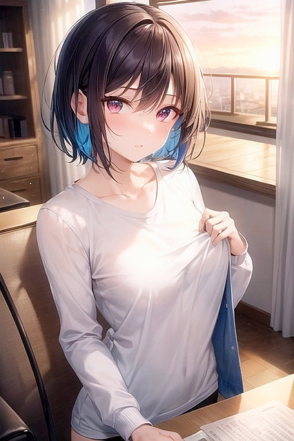 Horny Chick with Very Short Hair and Long Sleeves in Solo Hentai Picture