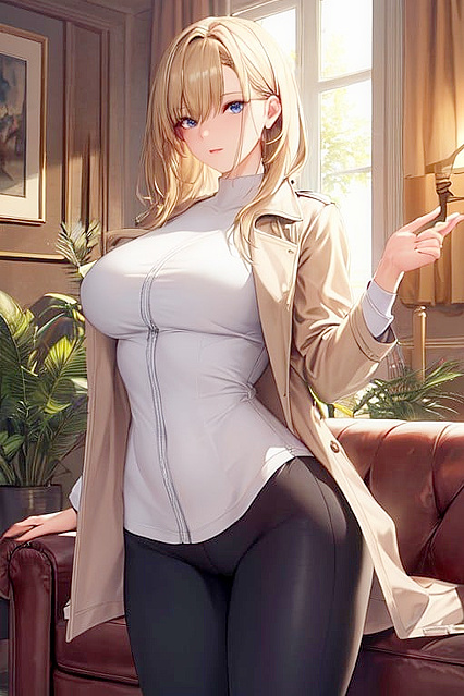Blue-Eyed Beauty in Trench Coat Shows Off Her Medium Ass in Hentai Picture